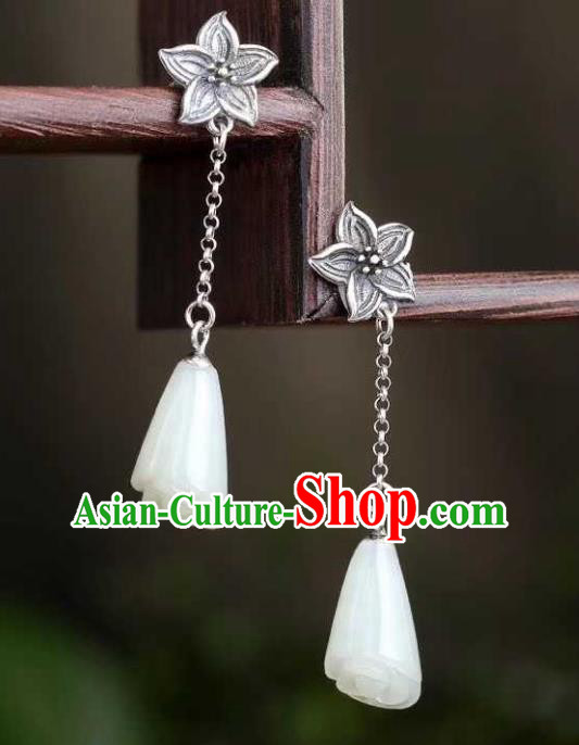 Handmade Chinese White Jade Ear Accessories Traditional Cheongsam Silver Lily Flower Earrings