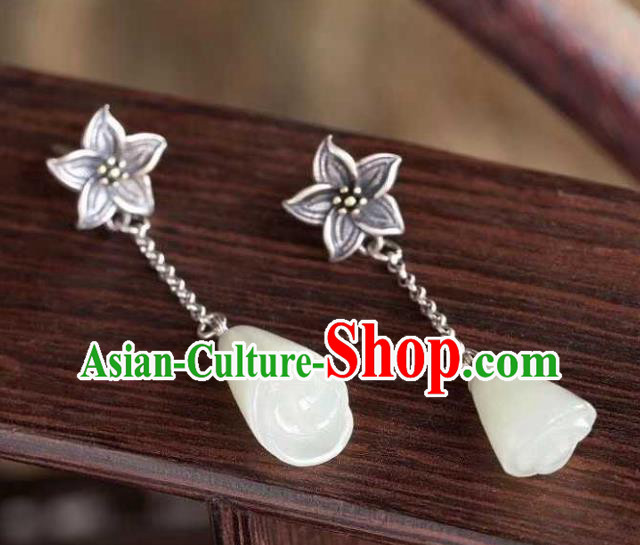 Handmade Chinese White Jade Ear Accessories Traditional Cheongsam Silver Lily Flower Earrings