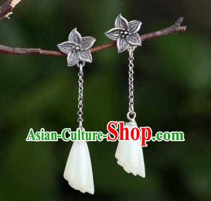 Handmade Chinese White Jade Ear Accessories Traditional Cheongsam Silver Lily Flower Earrings