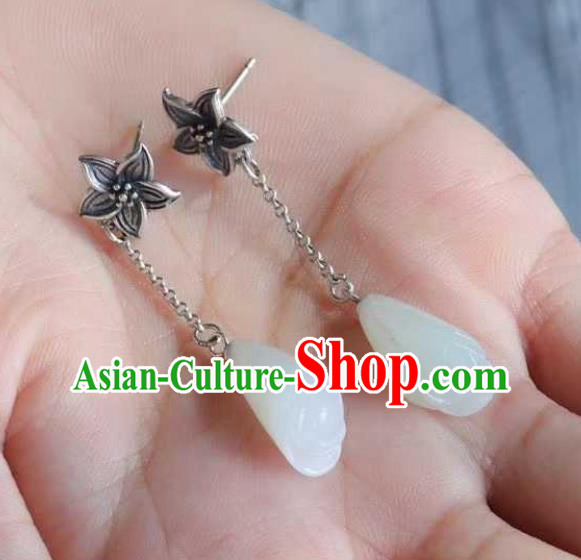 Handmade Chinese White Jade Ear Accessories Traditional Cheongsam Silver Lily Flower Earrings