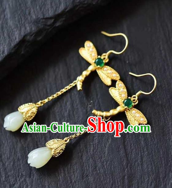 Handmade Chinese Jade Mangnolia Ear Accessories Traditional Cheongsam Golden Dragonfly Earrings
