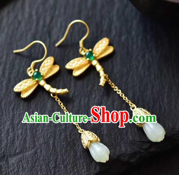 Handmade Chinese Jade Mangnolia Ear Accessories Traditional Cheongsam Golden Dragonfly Earrings