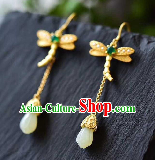 Handmade Chinese Jade Mangnolia Ear Accessories Traditional Cheongsam Golden Dragonfly Earrings