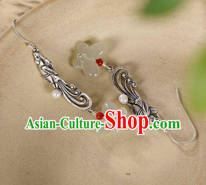 Handmade Chinese Silver Phoenix Ear Accessories Traditional Cheongsam Jade Butterfly Earrings