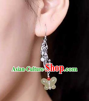Handmade Chinese Silver Phoenix Ear Accessories Traditional Cheongsam Jade Butterfly Earrings