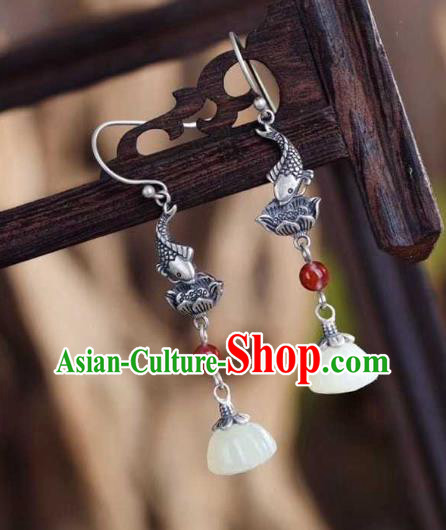 Handmade Chinese Silver Lotus Fish Ear Accessories Traditional Cheongsam Jade Tassel Earrings