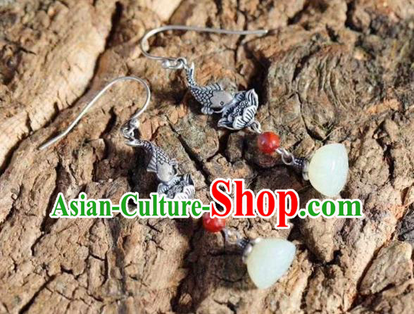 Handmade Chinese Silver Lotus Fish Ear Accessories Traditional Cheongsam Jade Tassel Earrings