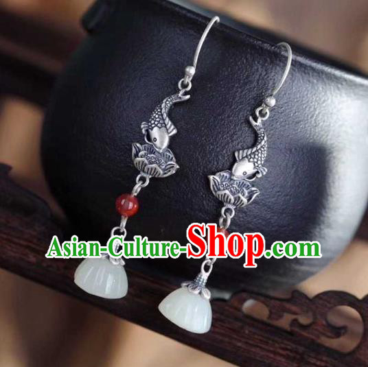 Handmade Chinese Silver Lotus Fish Ear Accessories Traditional Cheongsam Jade Tassel Earrings