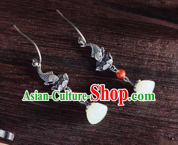 Handmade Chinese Silver Lotus Fish Ear Accessories Traditional Cheongsam Jade Tassel Earrings