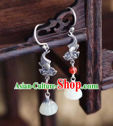 Handmade Chinese Silver Lotus Fish Ear Accessories Traditional Cheongsam Jade Tassel Earrings