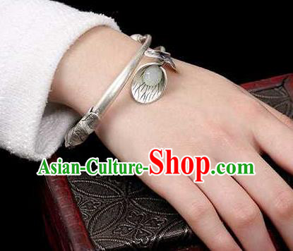 China Classical Cheongsam Silver Carving Bracelet Accessories Traditional Jade Mangnolia Bangle Jewelry