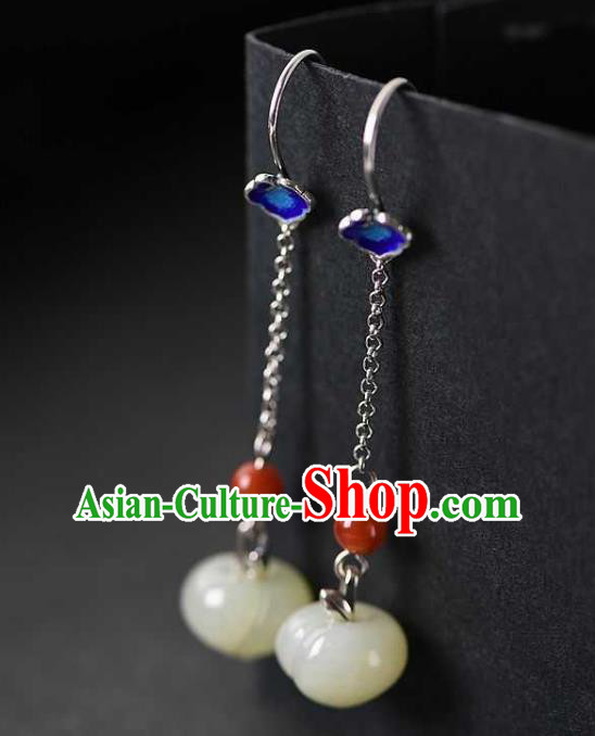 Handmade Chinese Traditional Cheongsam Jade Peach Earrings National Cloisonne Ear Accessories