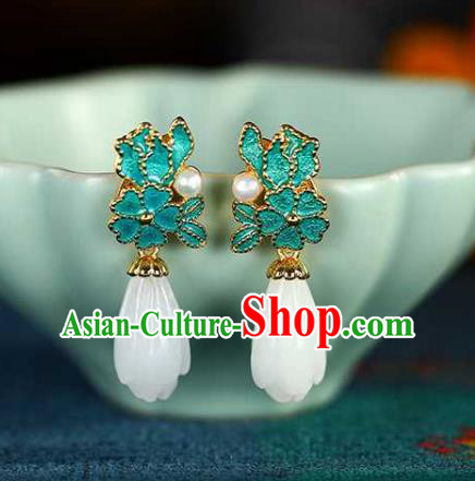 Handmade Chinese Jade Mangnolia Ear Accessories Traditional Cheongsam Cloisonne Earrings