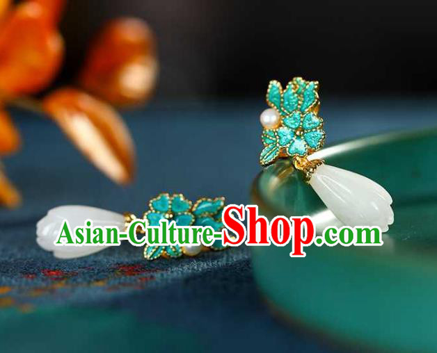 Handmade Chinese Jade Mangnolia Ear Accessories Traditional Cheongsam Cloisonne Earrings