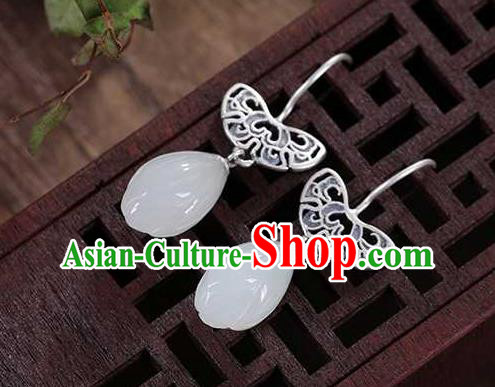 Handmade Chinese Silver Ear Accessories Traditional Cheongsam Jade Mangnolia Earrings