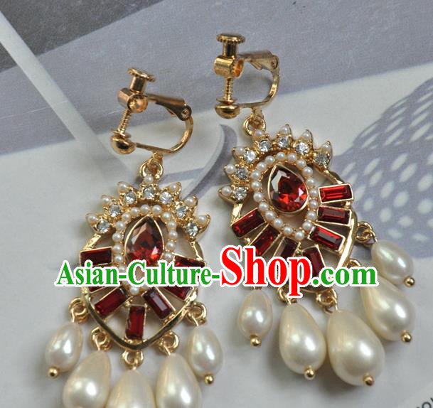 Chinese Traditional Red Crystal Earrings Handmade Cheongsam Pearls Ear Accessories