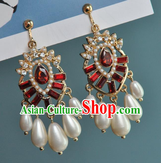 Chinese Traditional Red Crystal Earrings Handmade Cheongsam Pearls Ear Accessories
