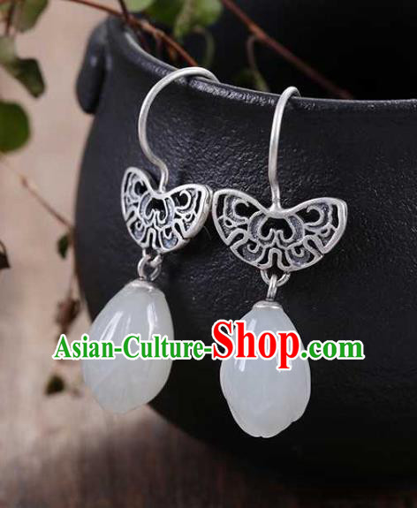 Handmade Chinese Silver Ear Accessories Traditional Cheongsam Jade Mangnolia Earrings