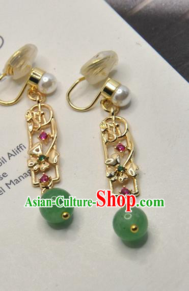 Chinese Classical Cheongsam Golden Ear Accessories Traditional Chrysoprase Bead Earrings