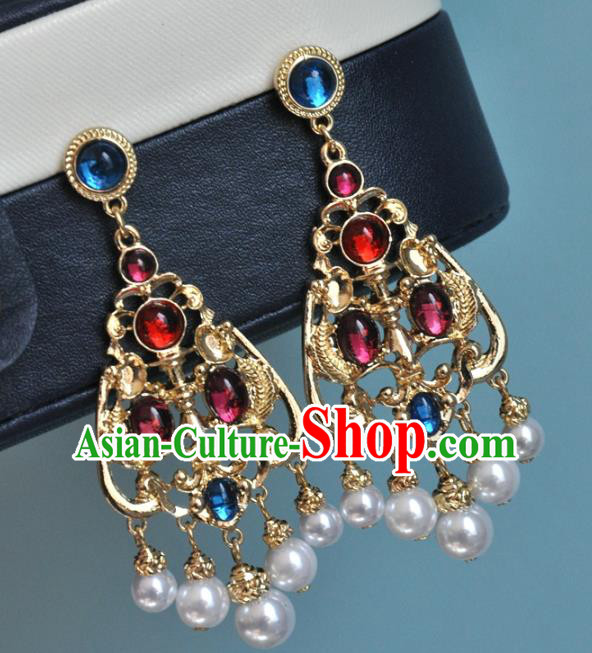 Chinese Classical Cheongsam Gems Ear Accessories Traditional Qing Dynasty Palace Lady Golden Earrings