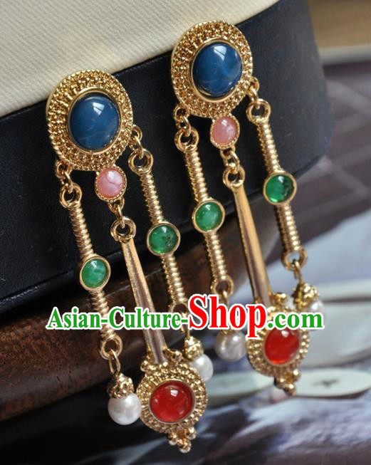 Chinese Traditional Qing Dynasty Gems Earrings Classical Cheongsam Ear Accessories