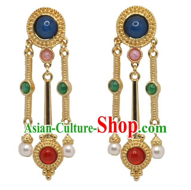 Chinese Traditional Qing Dynasty Gems Earrings Classical Cheongsam Ear Accessories