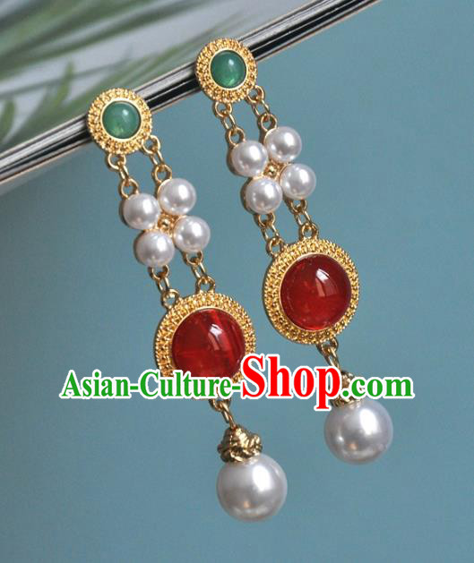 Chinese Traditional Carnelian Earrings Classical Cheongsam Golden Ear Accessories