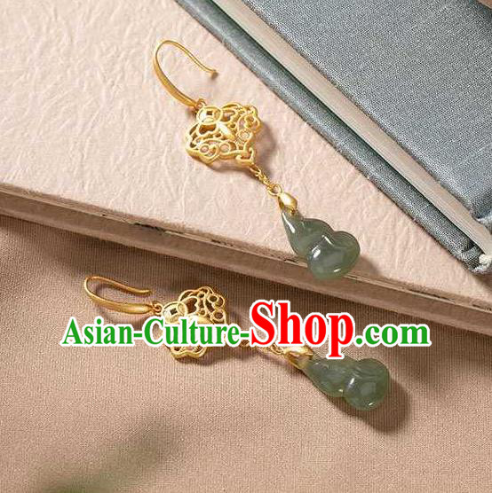 Handmade Chinese Golden Ear Accessories Traditional Cheongsam Jade Gourd Earrings