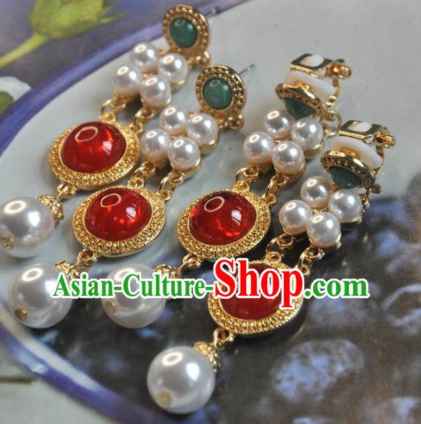 Chinese Traditional Carnelian Earrings Classical Cheongsam Golden Ear Accessories