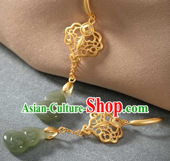 Handmade Chinese Golden Ear Accessories Traditional Cheongsam Jade Gourd Earrings