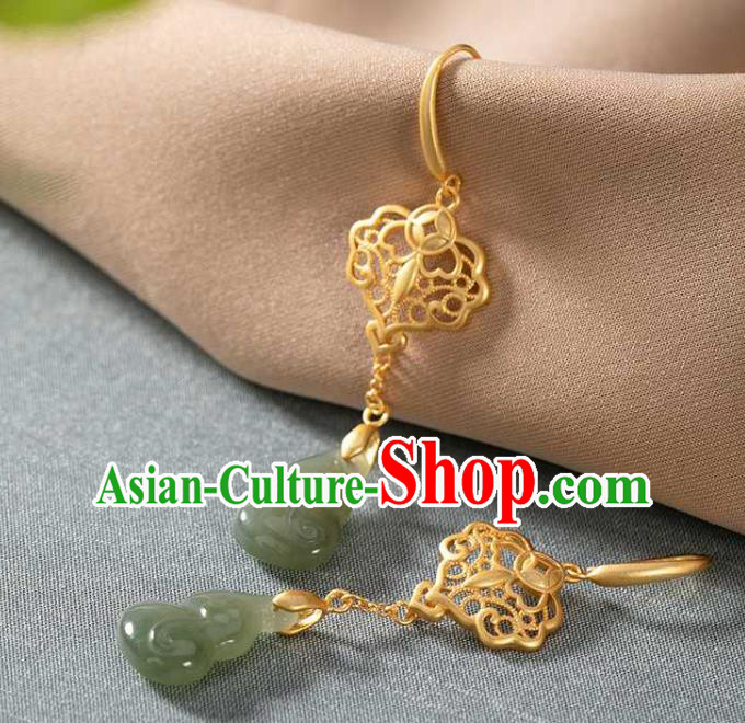 Handmade Chinese Golden Ear Accessories Traditional Cheongsam Jade Gourd Earrings