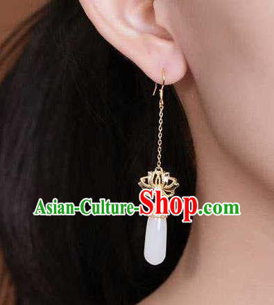 Handmade Chinese National Jade Ear Accessories Traditional Cheongsam Golden Lotus Earrings