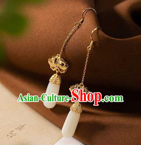 Handmade Chinese National Jade Ear Accessories Traditional Cheongsam Golden Lotus Earrings
