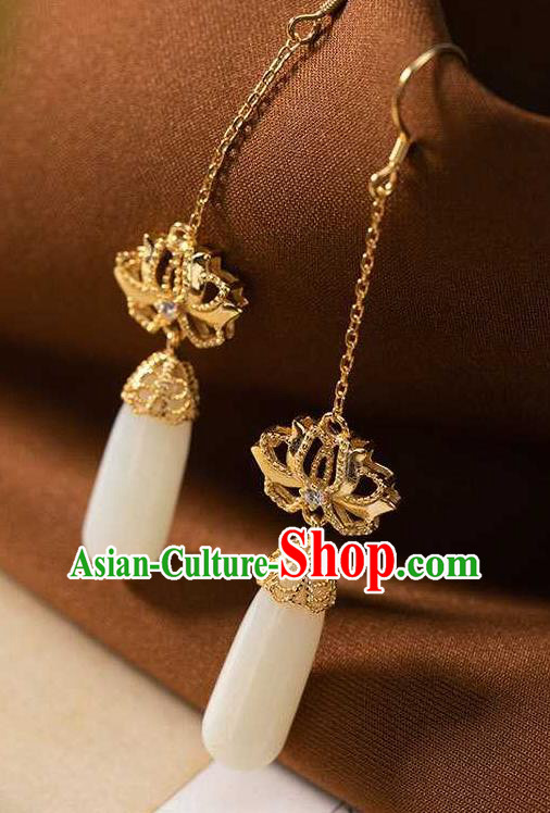 Handmade Chinese National Jade Ear Accessories Traditional Cheongsam Golden Lotus Earrings