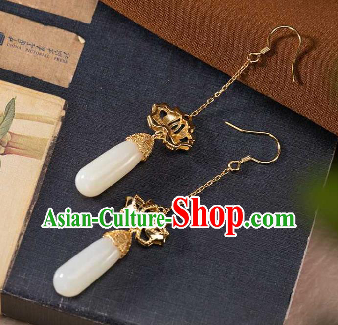 Handmade Chinese National Jade Ear Accessories Traditional Cheongsam Golden Lotus Earrings