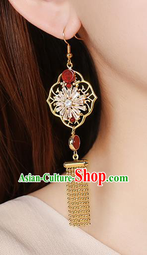 Chinese Classical Zircon Ear Accessories Traditional Cheongsam Golden Tassel Earrings