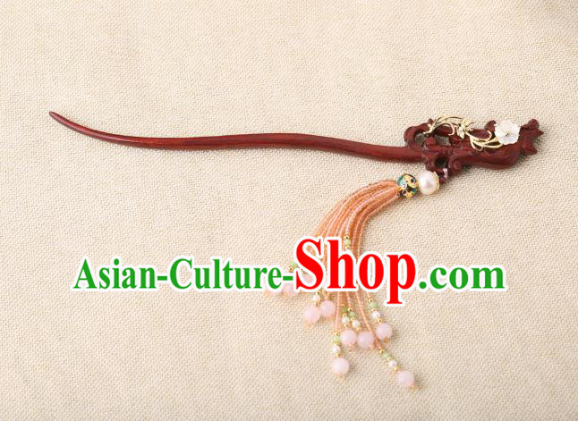 China Classical Rosewood Phoenix Hair Stick Traditional Cheongsam Hair Accessories Handmade Pink Beads Tassel Hairpin