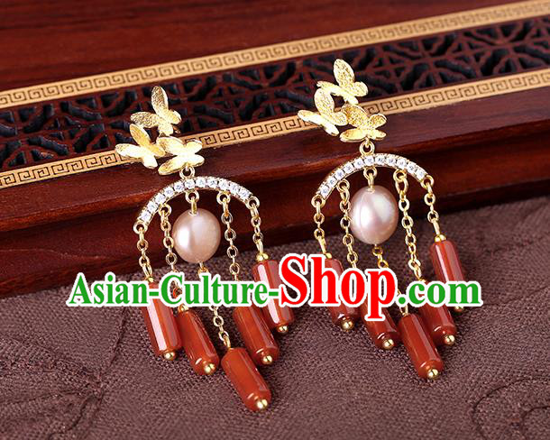 Chinese Classical Agate Tassel Ear Accessories Traditional Cheongsam Pearl Earrings
