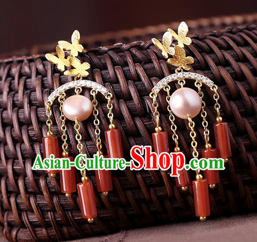 Chinese Classical Agate Tassel Ear Accessories Traditional Cheongsam Pearl Earrings