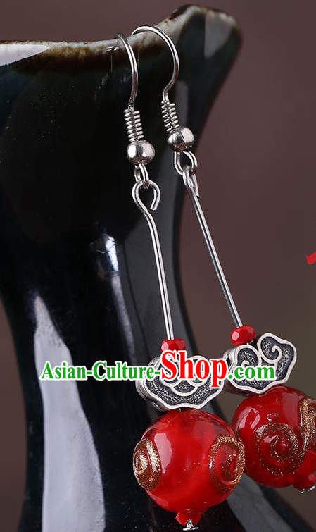Chinese Classical Silver Cloud Ear Accessories Traditional Cheongsam Red Bead Earrings