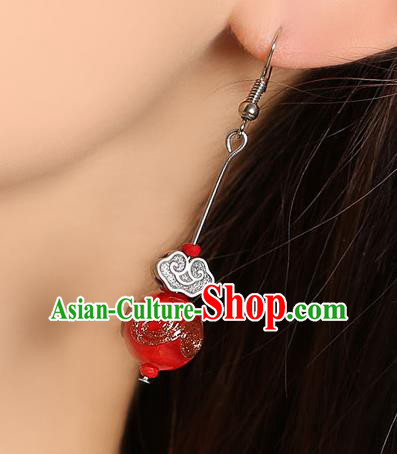Chinese Classical Silver Cloud Ear Accessories Traditional Cheongsam Red Bead Earrings