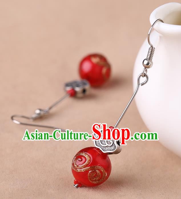 Chinese Classical Silver Cloud Ear Accessories Traditional Cheongsam Red Bead Earrings