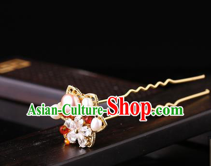 China Classical Crystal Hair Stick Traditional Cheongsam Hair Accessories Handmade Pearls Golden Hairpin