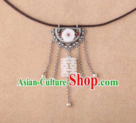 China Classical Silver Tassel Necklace Pendant Traditional Cheongsam Jade Wedding Necklet Accessories