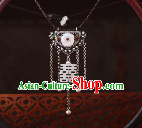 China Classical Silver Tassel Necklace Pendant Traditional Cheongsam Jade Wedding Necklet Accessories