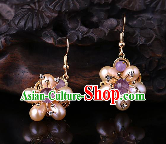 Chinese Classical Pearls Plum Ear Accessories Traditional Cheongsam National Amethyst Earrings