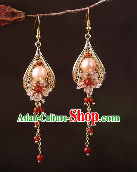 Chinese Classical Red Beads Tassel Ear Accessories Traditional Cheongsam Pearl Golden Earrings