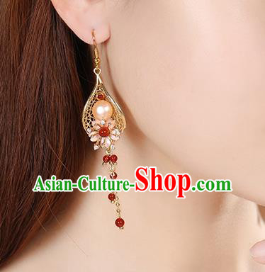 Chinese Classical Red Beads Tassel Ear Accessories Traditional Cheongsam Pearl Golden Earrings