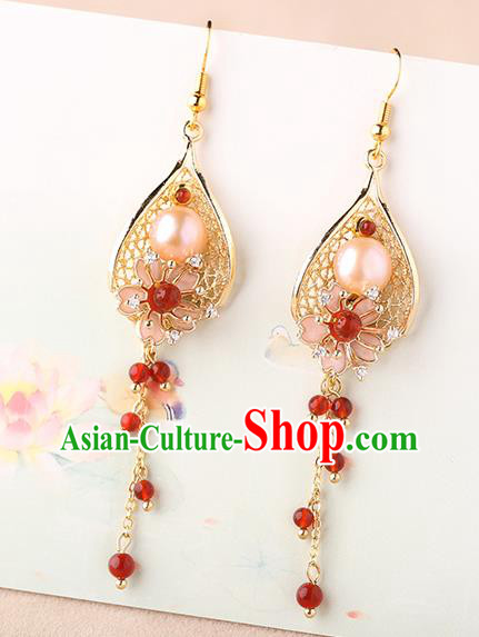 Chinese Classical Red Beads Tassel Ear Accessories Traditional Cheongsam Pearl Golden Earrings