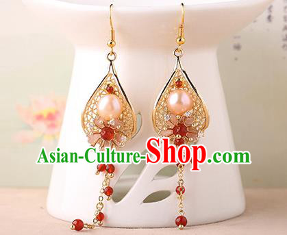 Chinese Classical Red Beads Tassel Ear Accessories Traditional Cheongsam Pearl Golden Earrings